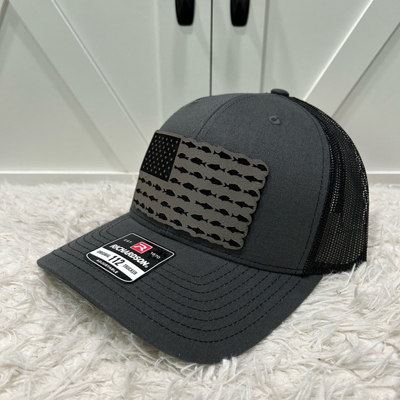 Laser engraved American flag fish. Richardson 112 trucker hat. - Picture 1 of 2